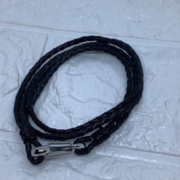 Black Woven Leather Double Wrap Bracelet Silver Tone Lobster Clasp Adjustable - Picture 5 of 5